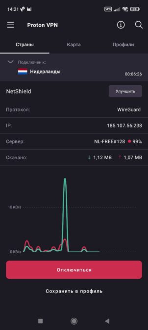 Proton VPN - подключение через сервер Нидерланды