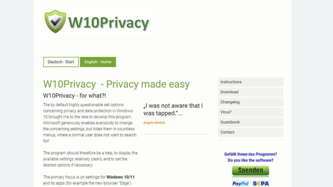 Сайт утилиты W10Privacy для повышения приватности
