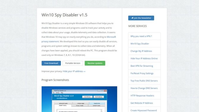 Win10 Spy Disabler помогает отключить программы и службы, которые следят за пользователем